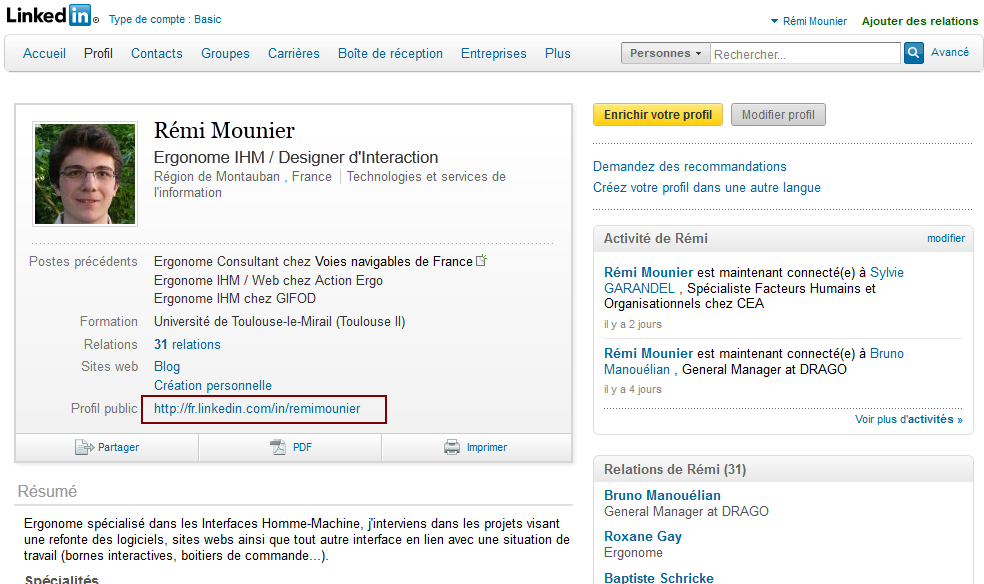Placement URL profil LinkedIn