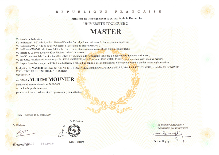 diplôme d'ergonome Diplôme Master en ergonomie de Rémi Mounier